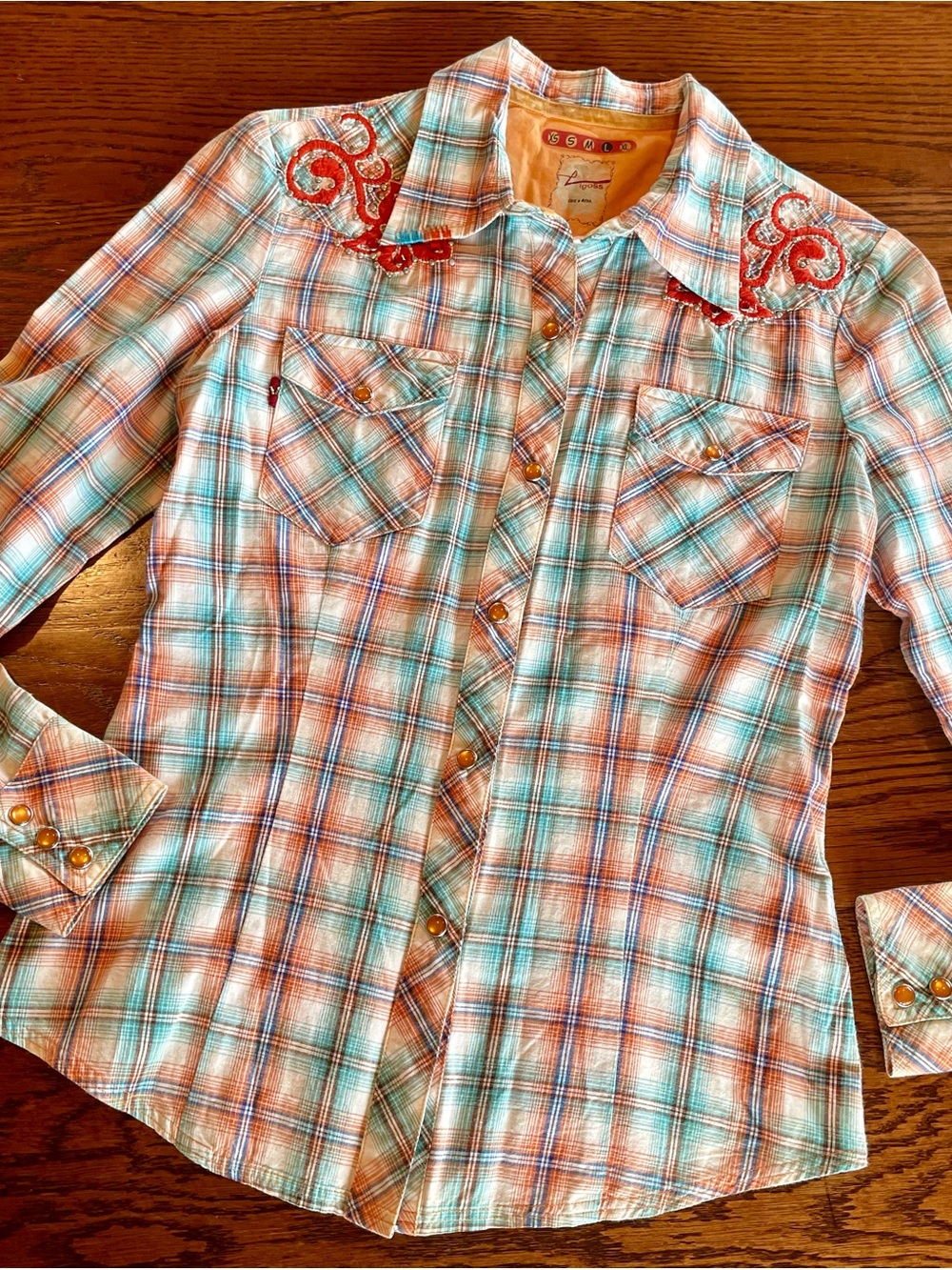 Vigoss Plaid Button-Down Shirt in Aqua and Orange with Embroidered Yoke